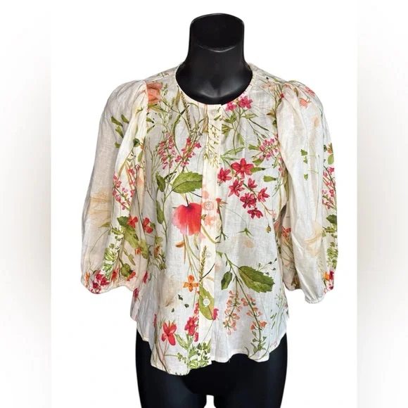 H&M women’s linen blend white floral button down blouse sz XS preloved - Picture 6 of 11